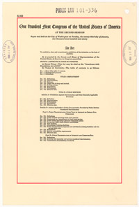 The title page of the Americans with Disabilities Act that shows the sections of the bill and is stamped with the White House RECEIVED stamp.