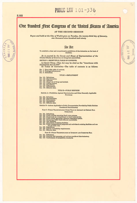 The title page of the Americans with Disabilities Act that shows the sections of the bill and is stamped with the White House RECEIVED stamp.